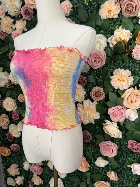 Tie-Dye Smocked Tube Top - Pink Blue Multicolor - Picture 3 of 7
